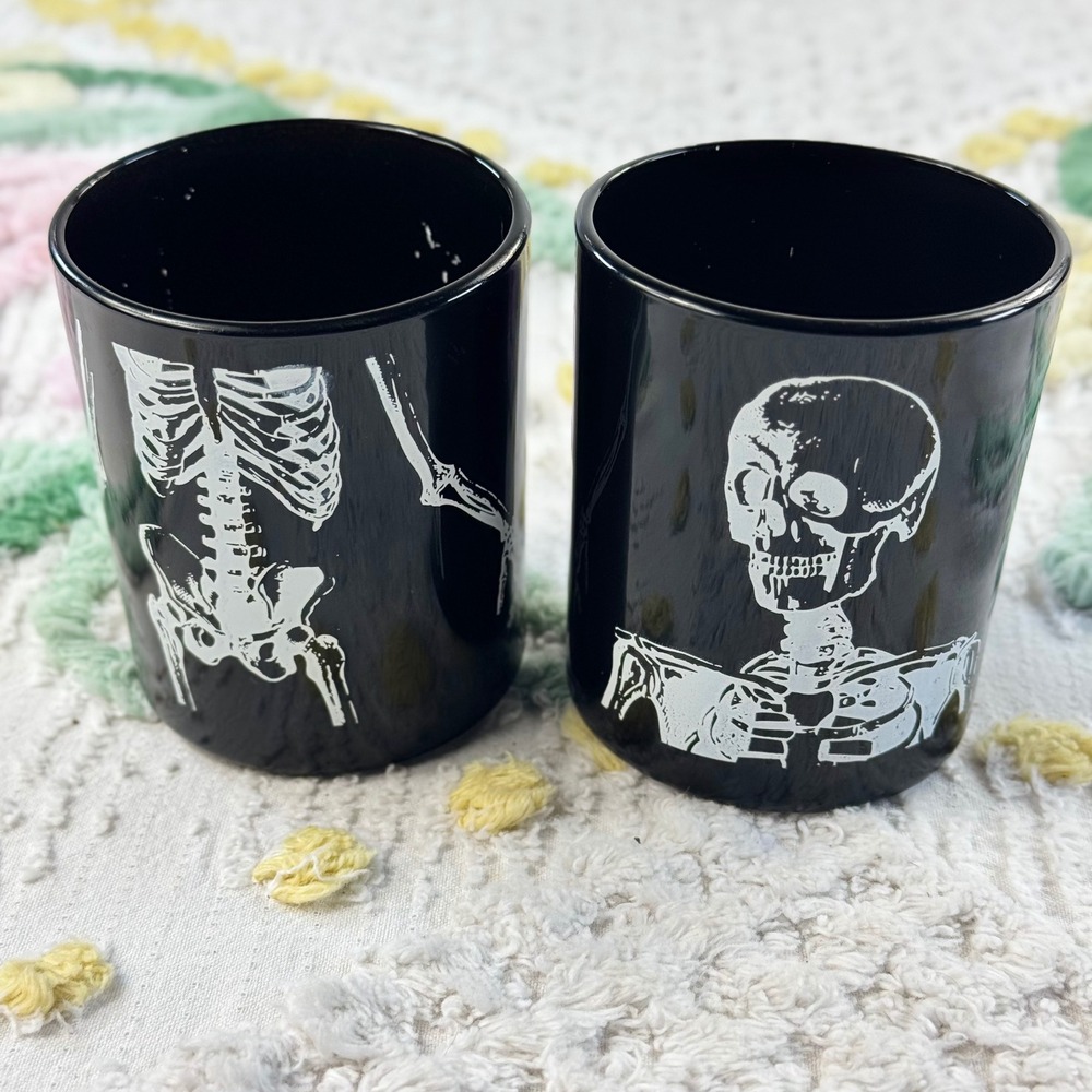 Greenbrier International Skeleton Glass Candle Holder Set Black Halloween 2pc